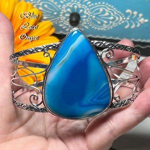 Blue Lace Onyx Bracelet Cuff Bangle Handmade Gemstone Large 925 Silver Bohemian